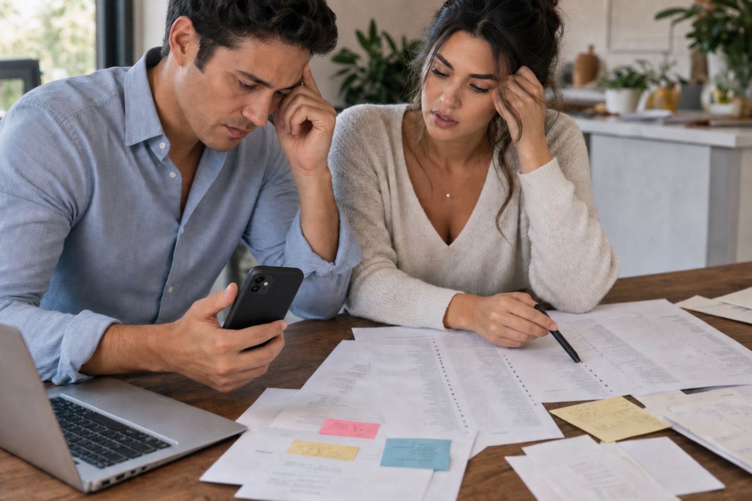 A couple at their kitchen table going through a printed guest list and phones while chasing RSVPs