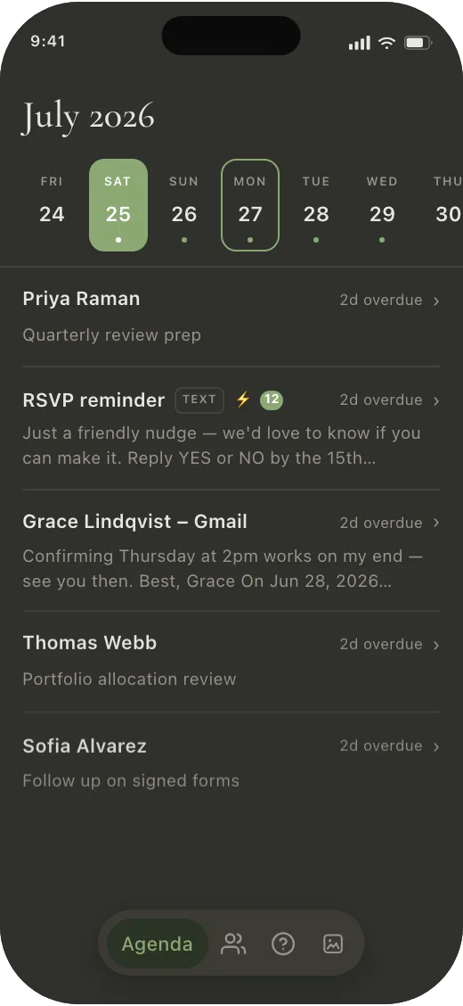 Meno Agenda screen showing scheduled messages ready to send from the Today queue