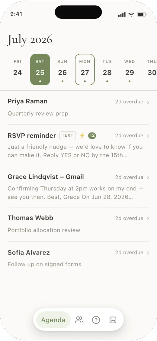 Meno Agenda screen showing scheduled messages ready to send from the Today queue