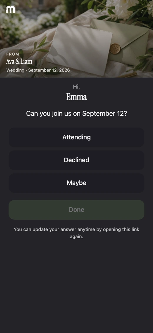 Guest RSVP link showing Yes, No, and Maybe response buttons