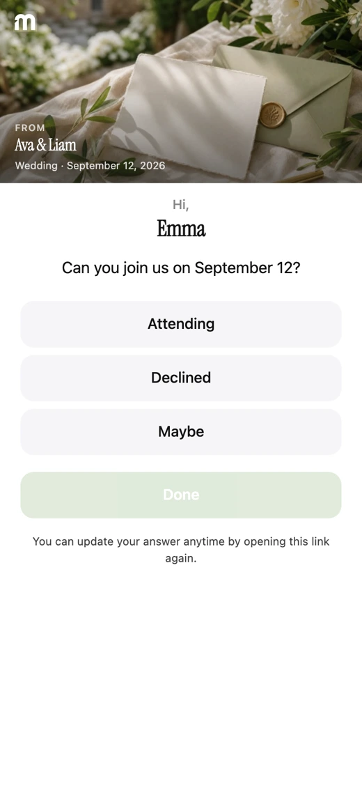 Guest RSVP link showing Yes, No, and Maybe response buttons