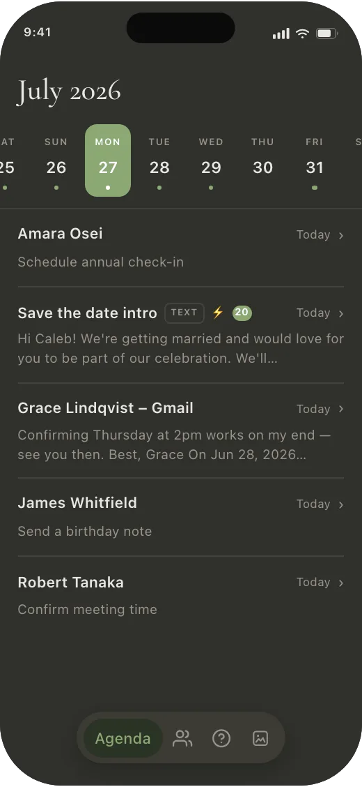Meno Agenda screen showing a save-the-date text scheduled to send
