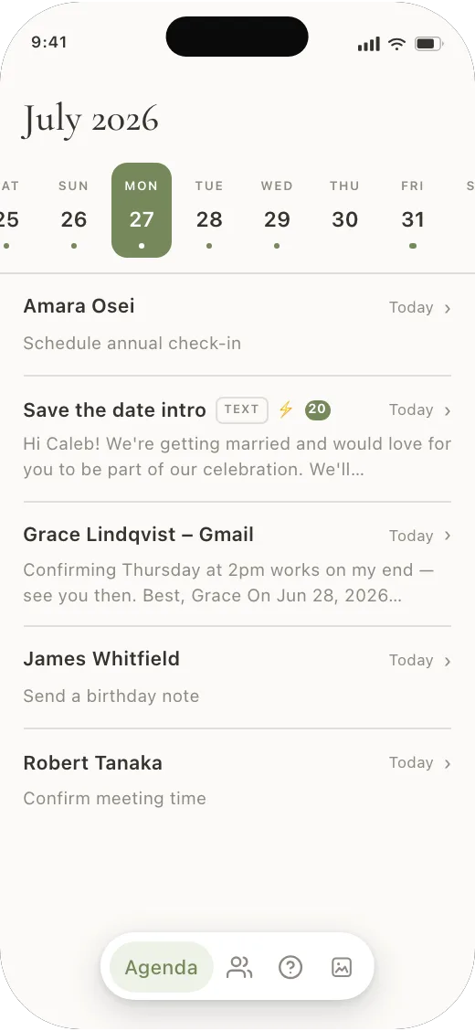 Meno Agenda screen showing a save-the-date text scheduled to send