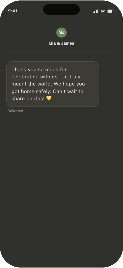 A guest's phone showing a received thank-you text after the wedding