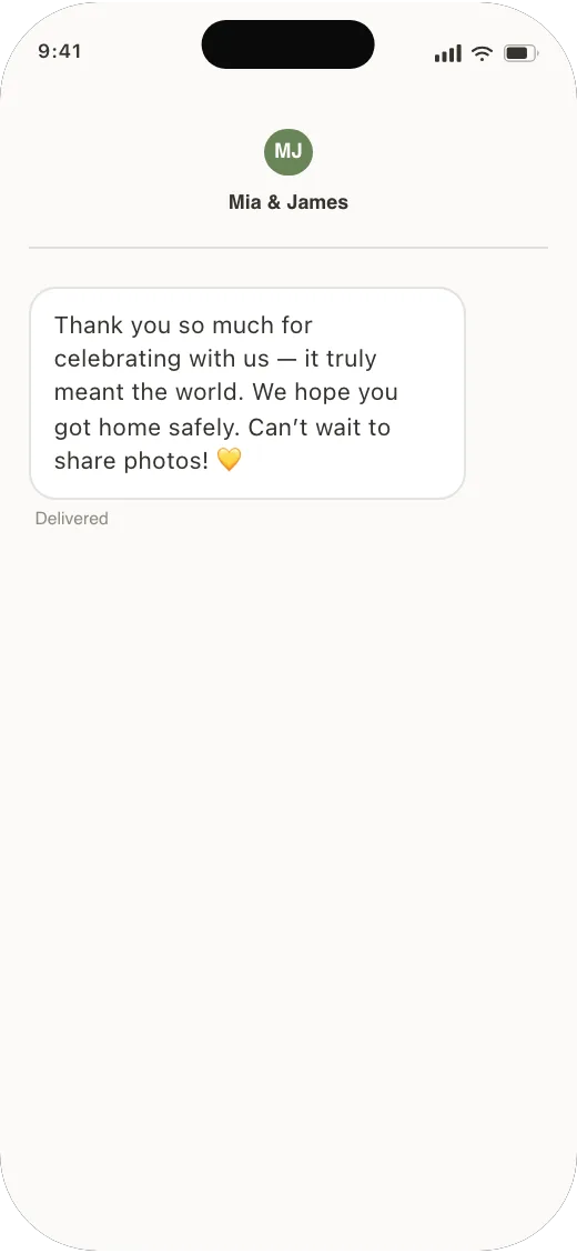 A guest's phone showing a received thank-you text after the wedding