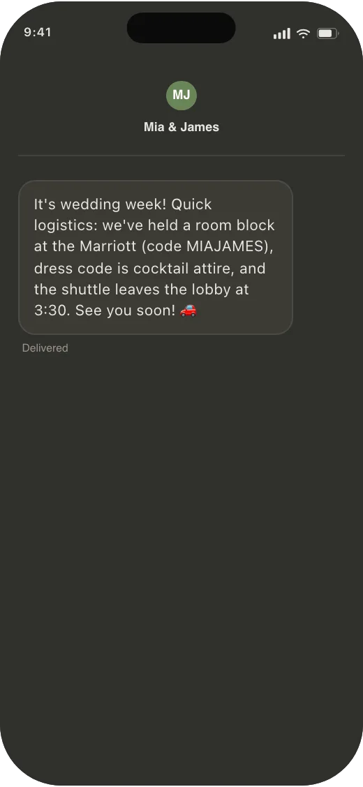 A guest's phone showing a received text with hotel, dress code, and shuttle details
