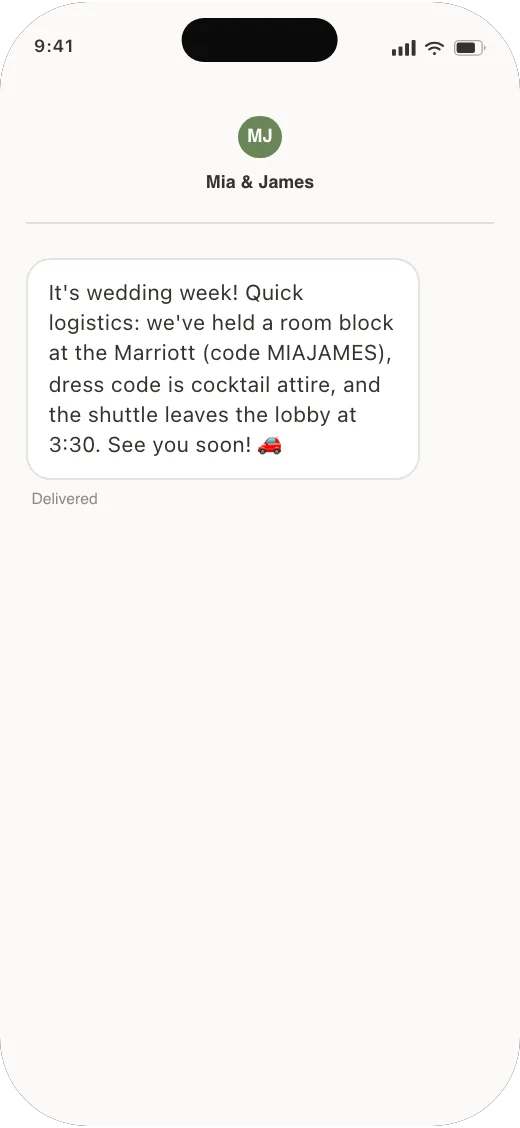A guest's phone showing a received text with hotel, dress code, and shuttle details